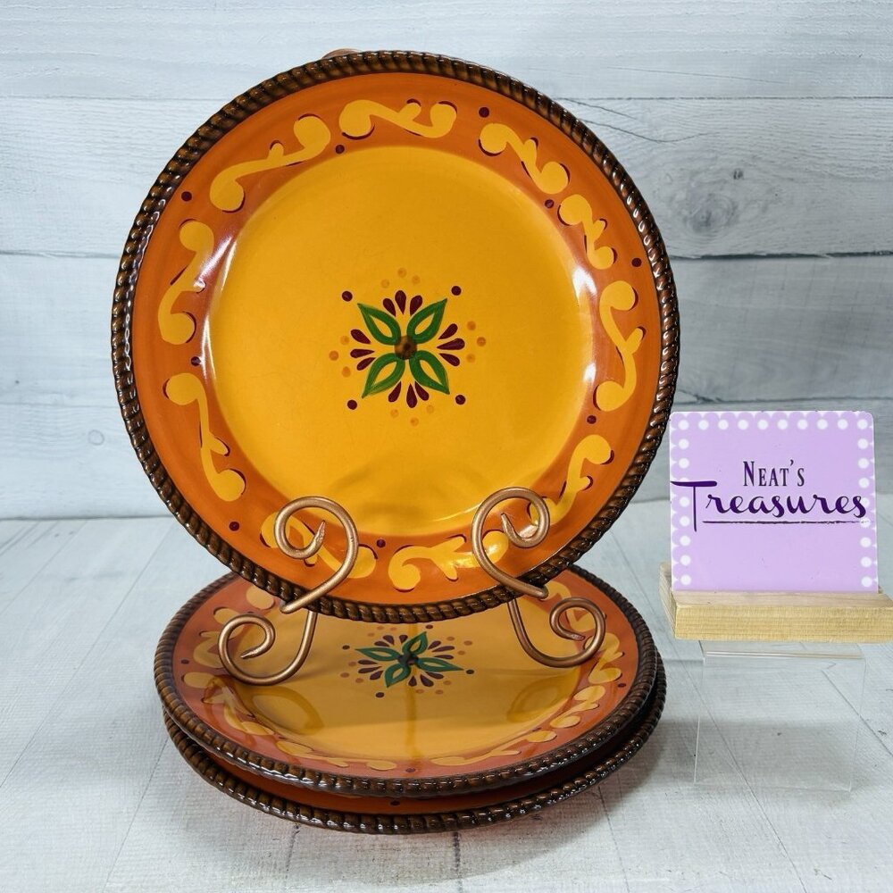 Celebrating Home TUSCAN Orange Red Yellow Rope Trim Stoneware Dinner Plate Set 3